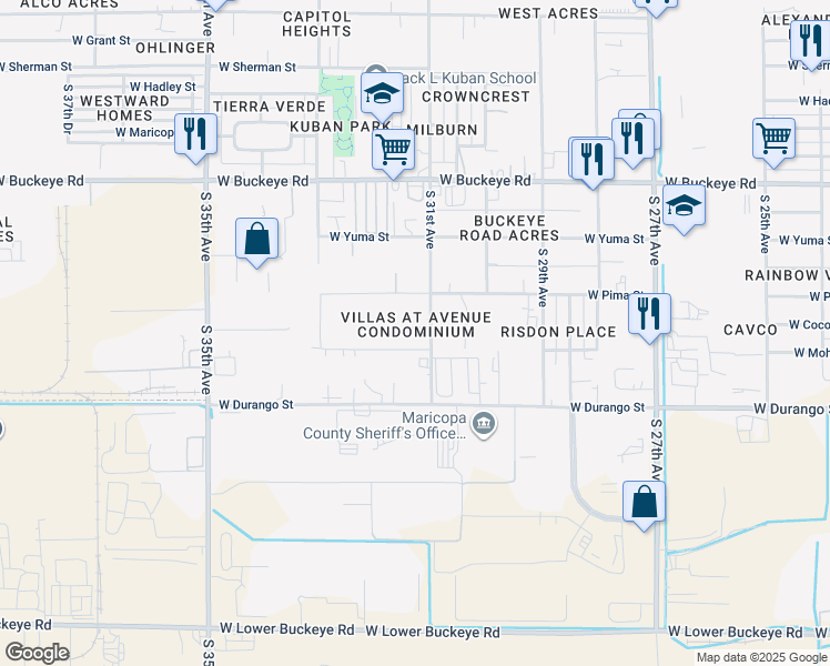 map of restaurants, bars, coffee shops, grocery stores, and more near 1628 South 31st Avenue in Phoenix