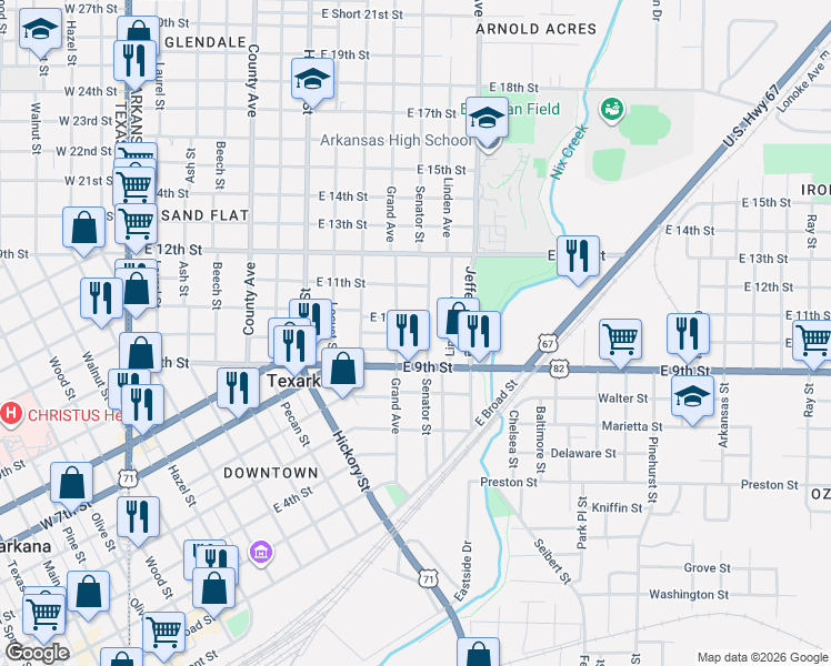 map of restaurants, bars, coffee shops, grocery stores, and more near 919 Senator Street in Texarkana