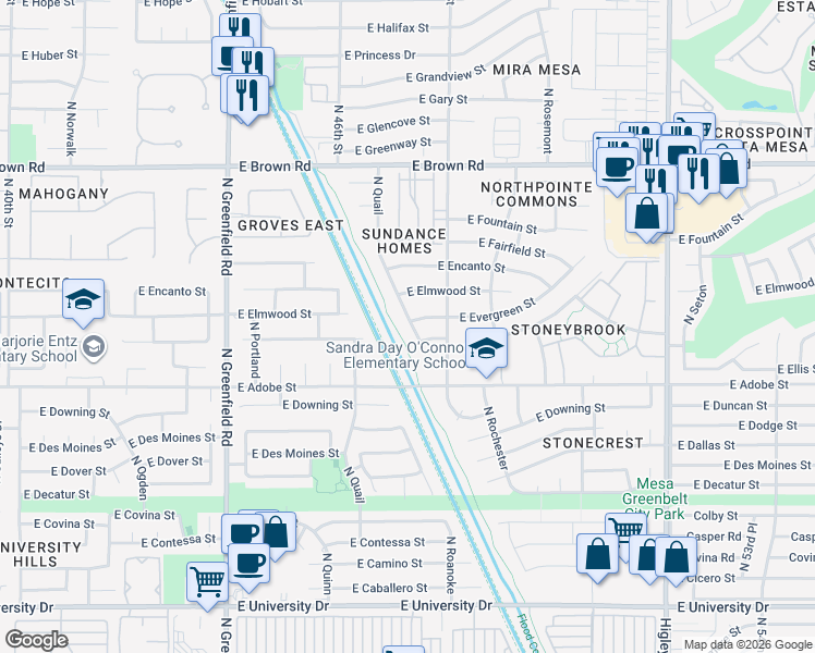 map of restaurants, bars, coffee shops, grocery stores, and more near 4732 East Evergreen Street in Mesa