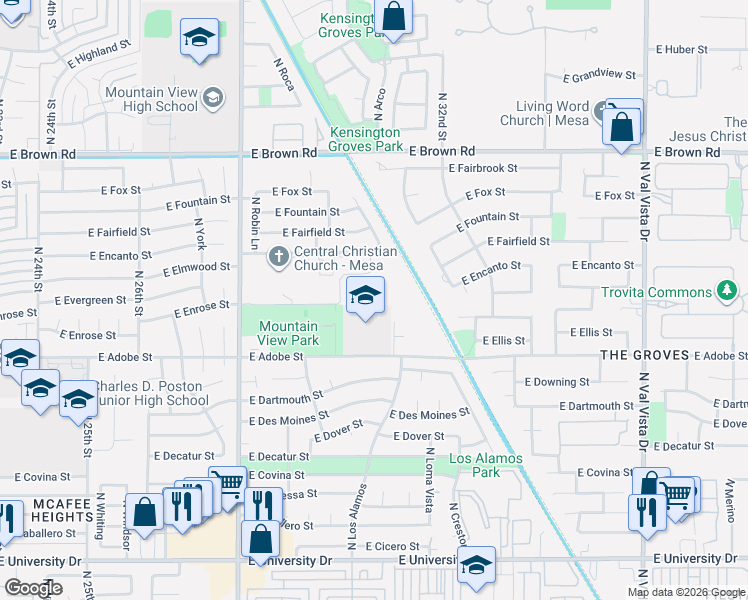map of restaurants, bars, coffee shops, grocery stores, and more near 933 North Lindsay Road in Mesa