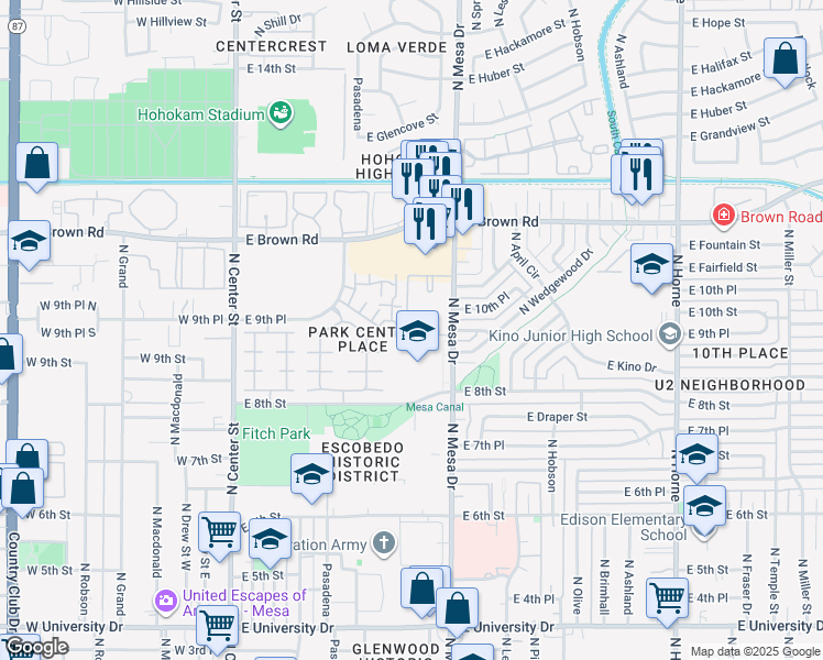 map of restaurants, bars, coffee shops, grocery stores, and more near 1001 North Pasadena in Mesa