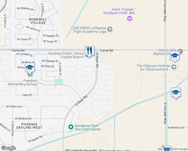 map of restaurants, bars, coffee shops, grocery stores, and more near 1607 South 216th Lane in Buckeye