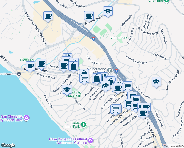 map of restaurants, bars, coffee shops, grocery stores, and more near 122 East El Portal in San Clemente