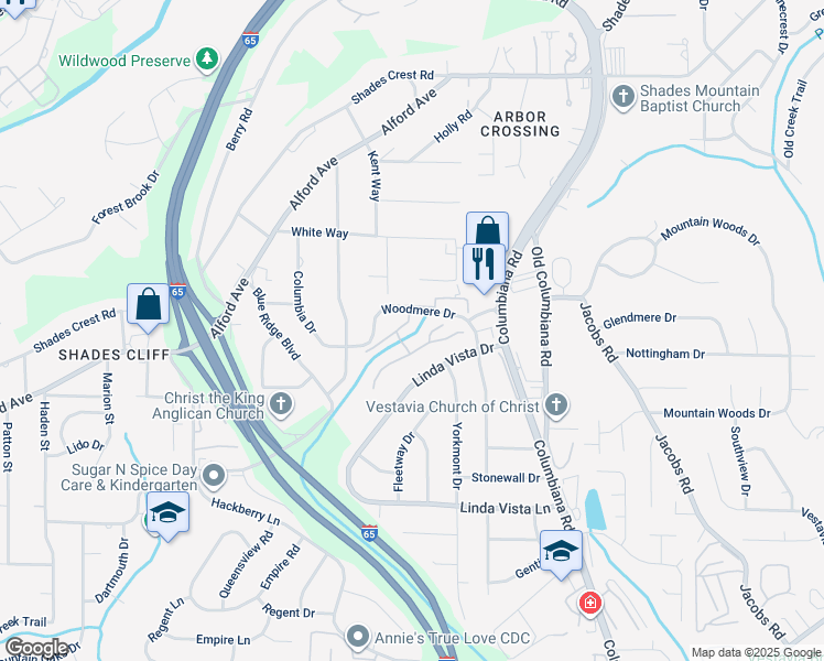 map of restaurants, bars, coffee shops, grocery stores, and more near 1910 Woodmere Creek Drive in Birmingham