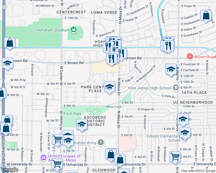 map of restaurants, bars, coffee shops, grocery stores, and more near 1001 North Pasadena in Mesa