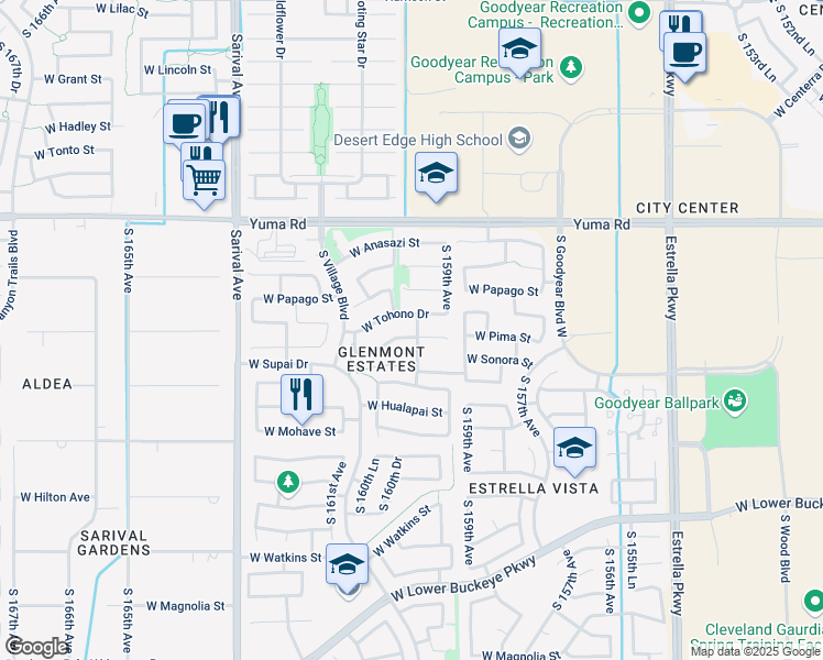 map of restaurants, bars, coffee shops, grocery stores, and more near 16008 West Pima Street in Goodyear