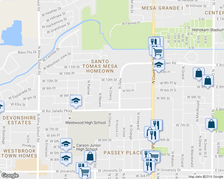 map of restaurants, bars, coffee shops, grocery stores, and more near 925 North Cherry in Mesa