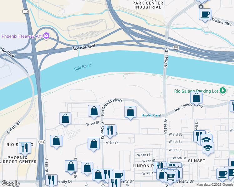 map of restaurants, bars, coffee shops, grocery stores, and more near 1910 West Rio Salado Parkway in Tempe