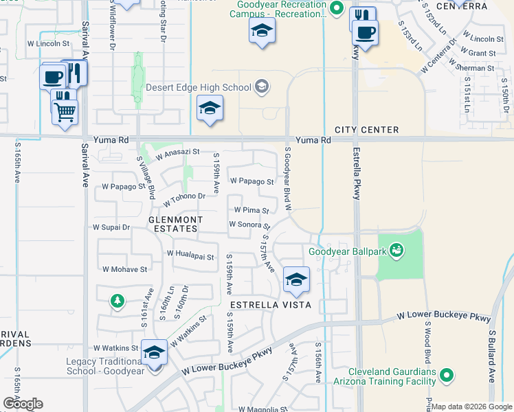 map of restaurants, bars, coffee shops, grocery stores, and more near 15762 West Pima Street in Goodyear