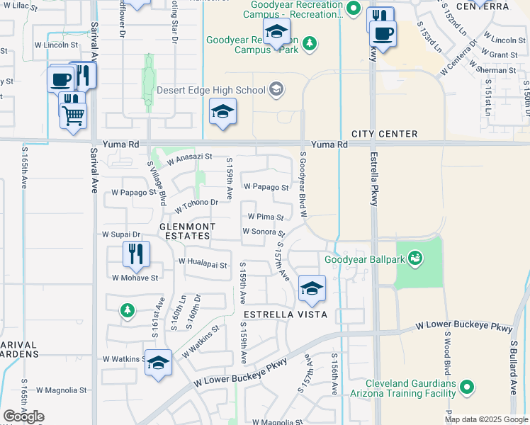 map of restaurants, bars, coffee shops, grocery stores, and more near 1573 South 158th Drive in Goodyear