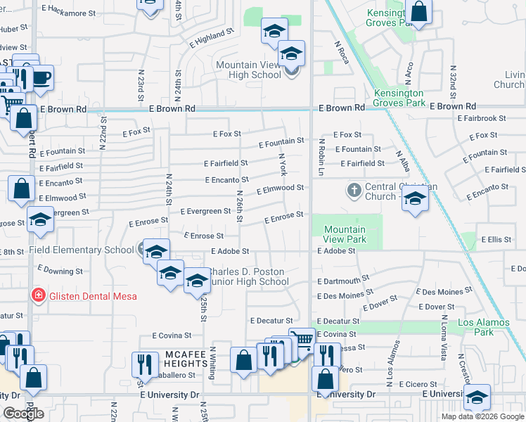 map of restaurants, bars, coffee shops, grocery stores, and more near 2637 East Evergreen Street in Mesa