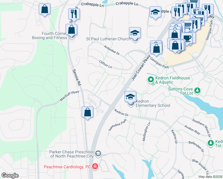 map of restaurants, bars, coffee shops, grocery stores, and more near 113 Sagamore Lane in Peachtree City