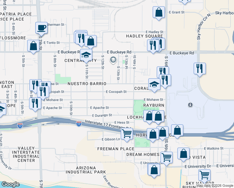 map of restaurants, bars, coffee shops, grocery stores, and more near 1223 East Cocopah Street in Phoenix