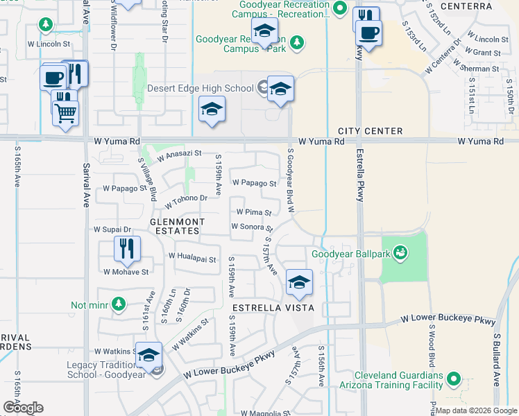 map of restaurants, bars, coffee shops, grocery stores, and more near 15786 West Pima Street in Goodyear