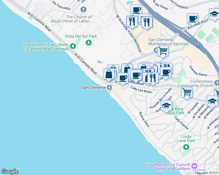 map of restaurants, bars, coffee shops, grocery stores, and more near 1850 Avenida Estacion in San Clemente