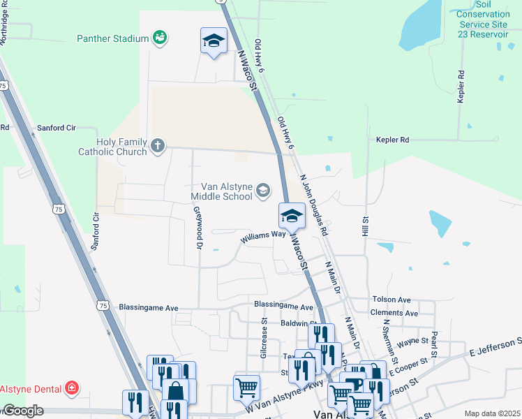 map of restaurants, bars, coffee shops, grocery stores, and more near 1314 North Waco Street in Van Alstyne