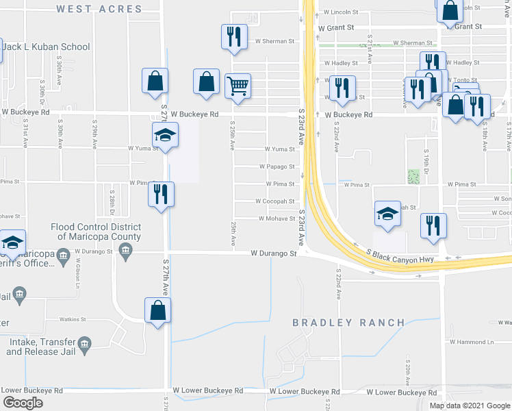 map of restaurants, bars, coffee shops, grocery stores, and more near 2415 West Cocopah Street in Phoenix