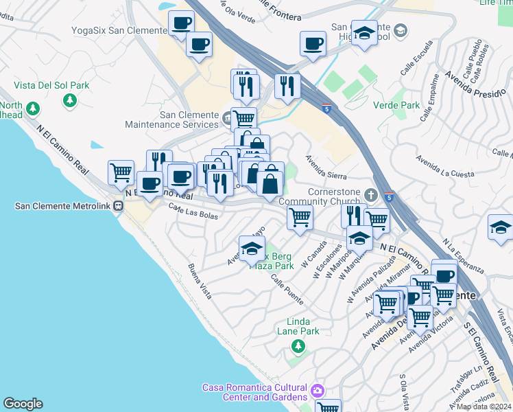 map of restaurants, bars, coffee shops, grocery stores, and more near 1410 Calle Mirador in San Clemente