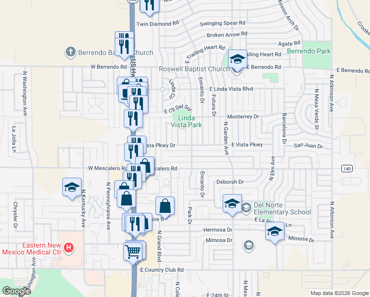 map of restaurants, bars, coffee shops, grocery stores, and more near 404 East Vista Parkway in Roswell