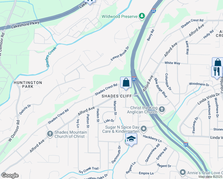 map of restaurants, bars, coffee shops, grocery stores, and more near 1153 Shades Crest Road in Birmingham