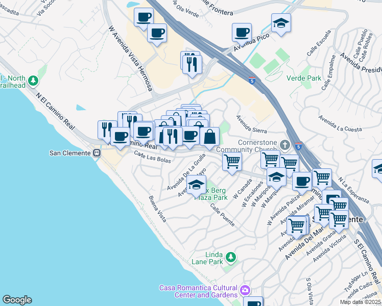 map of restaurants, bars, coffee shops, grocery stores, and more near 1422 North El Camino Real in San Clemente