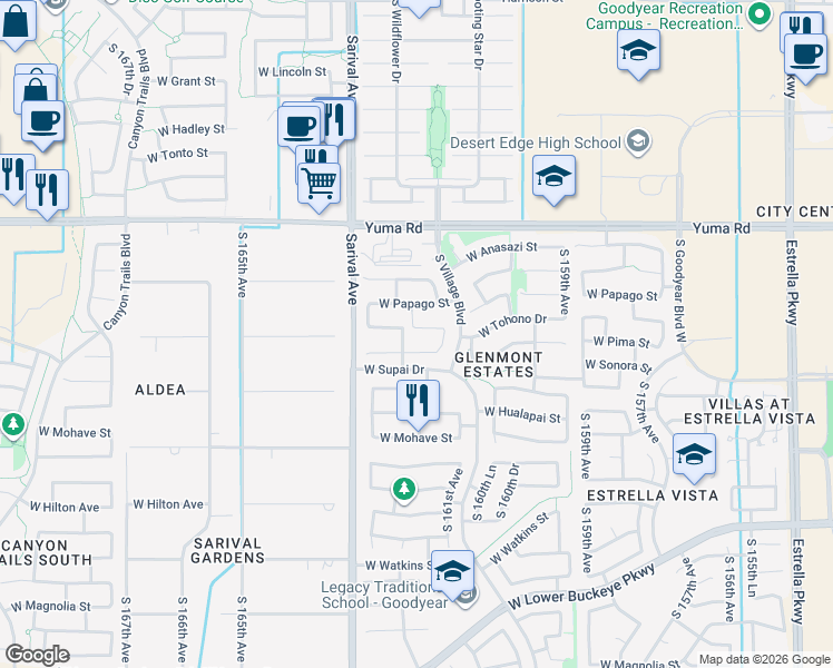 map of restaurants, bars, coffee shops, grocery stores, and more near 16163 West Tohono Drive in Goodyear