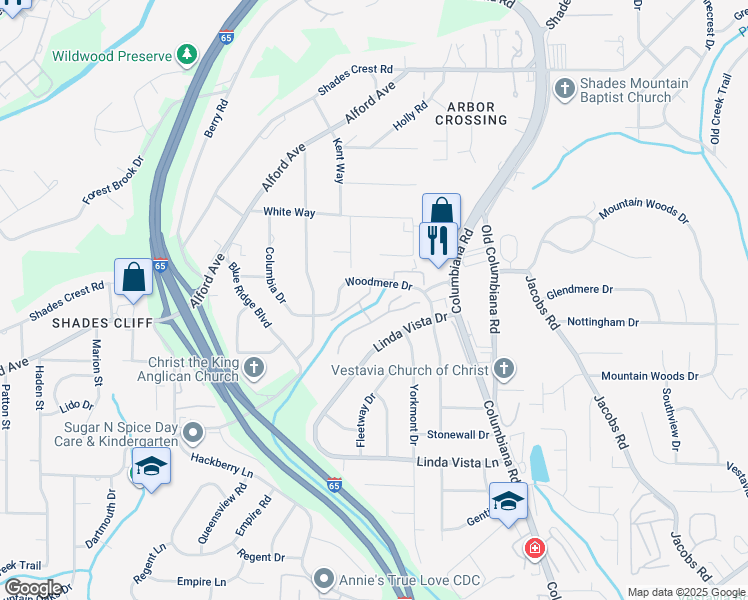 map of restaurants, bars, coffee shops, grocery stores, and more near 779 Woodmere Creek Drive in Birmingham