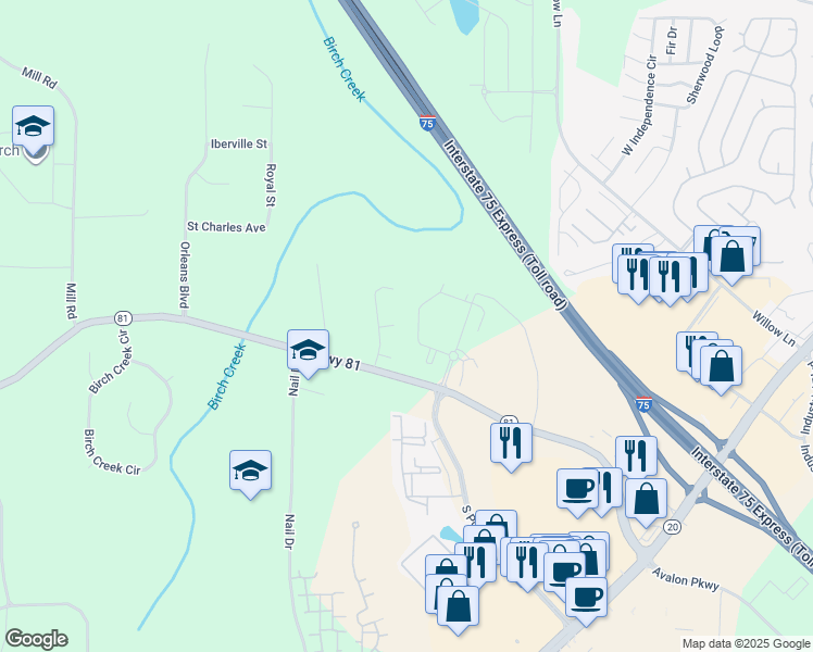 map of restaurants, bars, coffee shops, grocery stores, and more near 310 Westover Court in McDonough