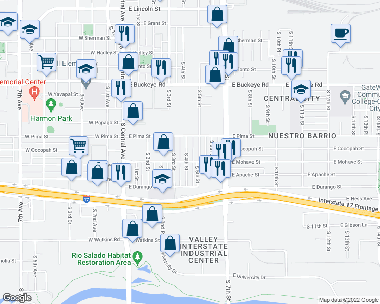 map of restaurants, bars, coffee shops, grocery stores, and more near 1615 South 4th Street in Phoenix