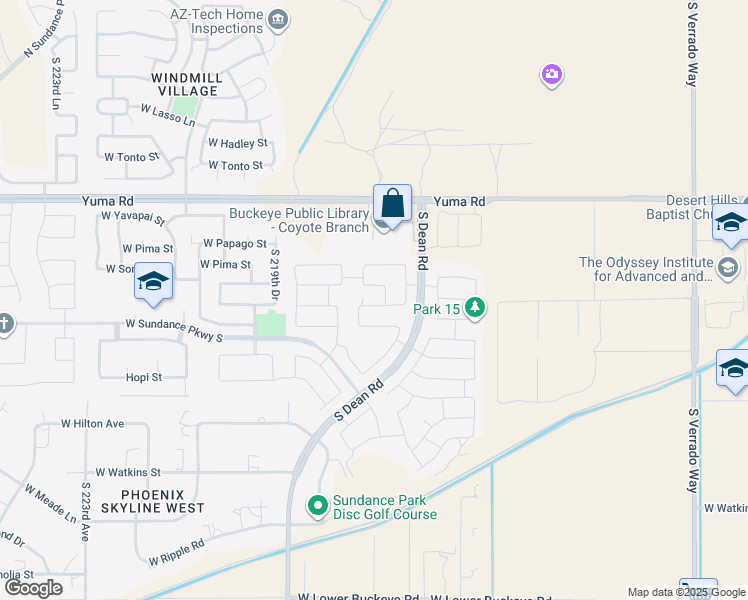 map of restaurants, bars, coffee shops, grocery stores, and more near 21734 West Cocopah Street in Buckeye