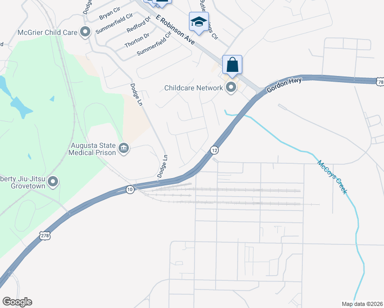 map of restaurants, bars, coffee shops, grocery stores, and more near 1201 Derby Lane in Grovetown