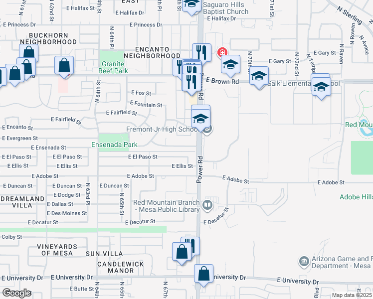 map of restaurants, bars, coffee shops, grocery stores, and more near 6735 East Ensenada Street in Mesa