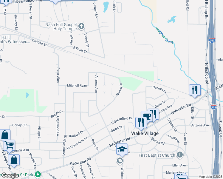 map of restaurants, bars, coffee shops, grocery stores, and more near 33 Williams Circle in Wake Village