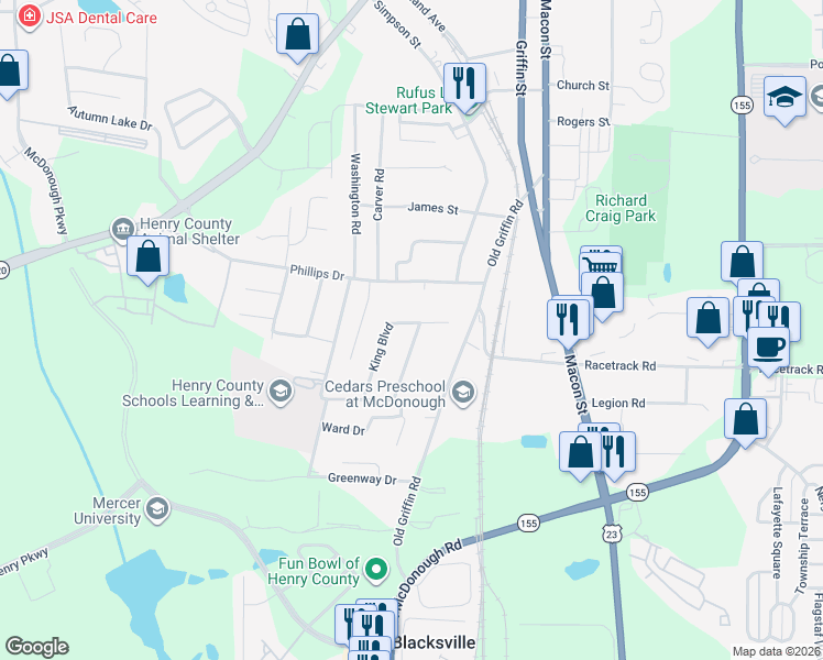 map of restaurants, bars, coffee shops, grocery stores, and more near 105 Lemon Place in McDonough