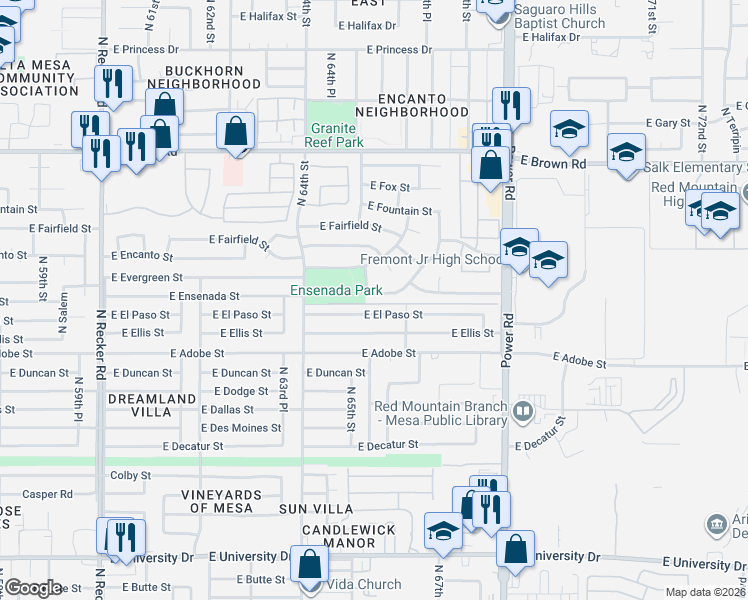 map of restaurants, bars, coffee shops, grocery stores, and more near 6525 East Ensenada Street in Mesa