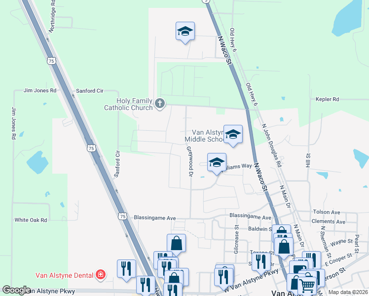 map of restaurants, bars, coffee shops, grocery stores, and more near 1282 Greywood Drive in Van Alstyne
