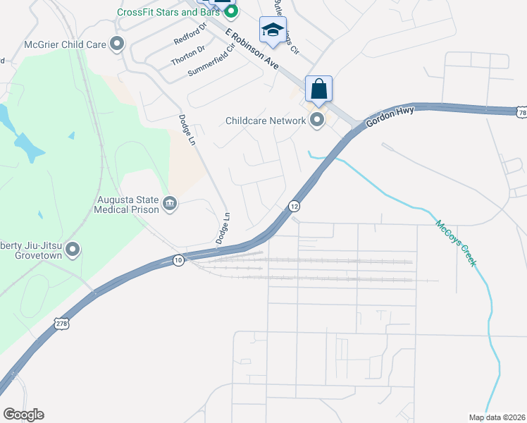 map of restaurants, bars, coffee shops, grocery stores, and more near 1201 Derby Lane in Grovetown