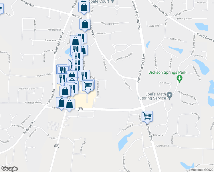 map of restaurants, bars, coffee shops, grocery stores, and more near 130 Lindsey Terrace in Fayetteville