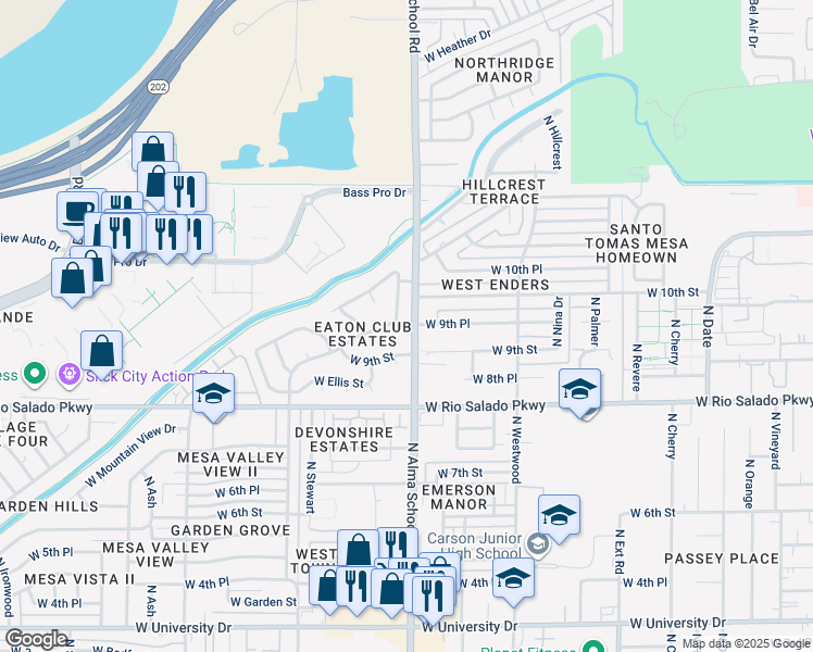 map of restaurants, bars, coffee shops, grocery stores, and more near 1215 W Esplanade St in Mesa