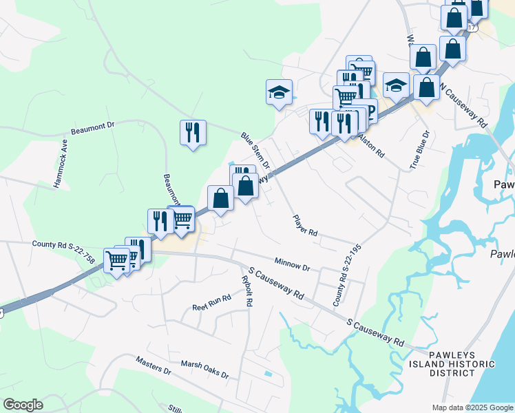 map of restaurants, bars, coffee shops, grocery stores, and more near 53 Egret Run Lane in Pawleys Island