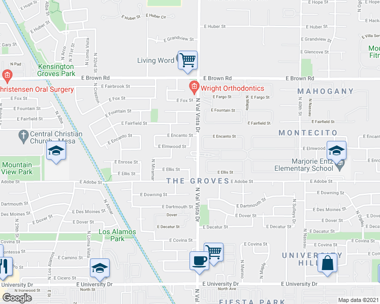 map of restaurants, bars, coffee shops, grocery stores, and more near 902 North Val Vista Drive in Mesa