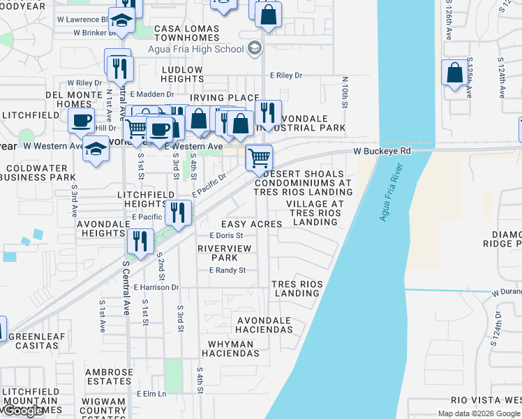 map of restaurants, bars, coffee shops, grocery stores, and more near 245 South 7th Street in Avondale