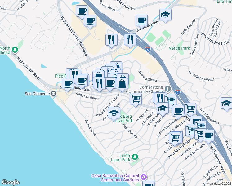map of restaurants, bars, coffee shops, grocery stores, and more near 1410 Calle Mirador in San Clemente