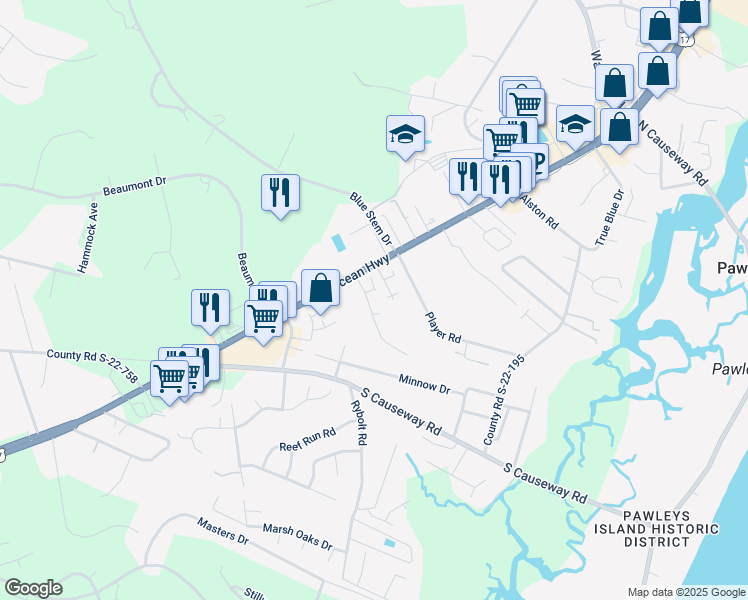 map of restaurants, bars, coffee shops, grocery stores, and more near 53 Egret Run Lane in Pawleys Island