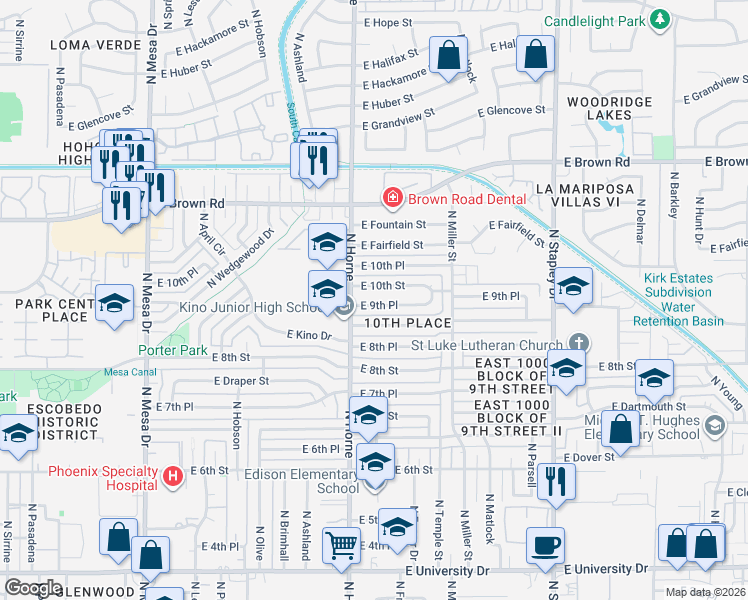 map of restaurants, bars, coffee shops, grocery stores, and more near 832 East 9th Place in Mesa