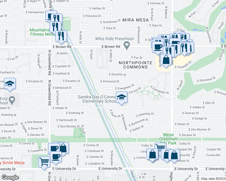 map of restaurants, bars, coffee shops, grocery stores, and more near 4803 East Evergreen Street in Mesa