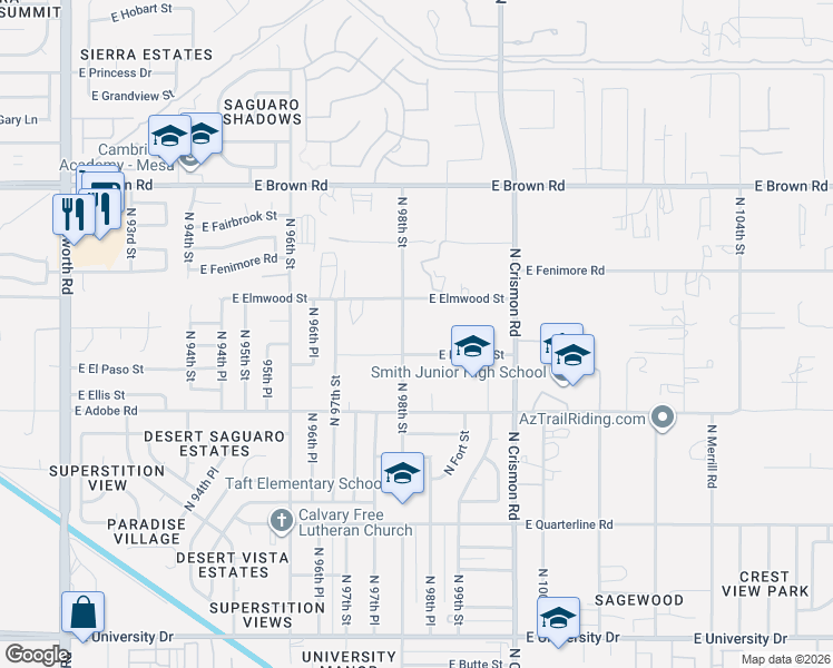 map of restaurants, bars, coffee shops, grocery stores, and more near 911 North 98th Street in Mesa