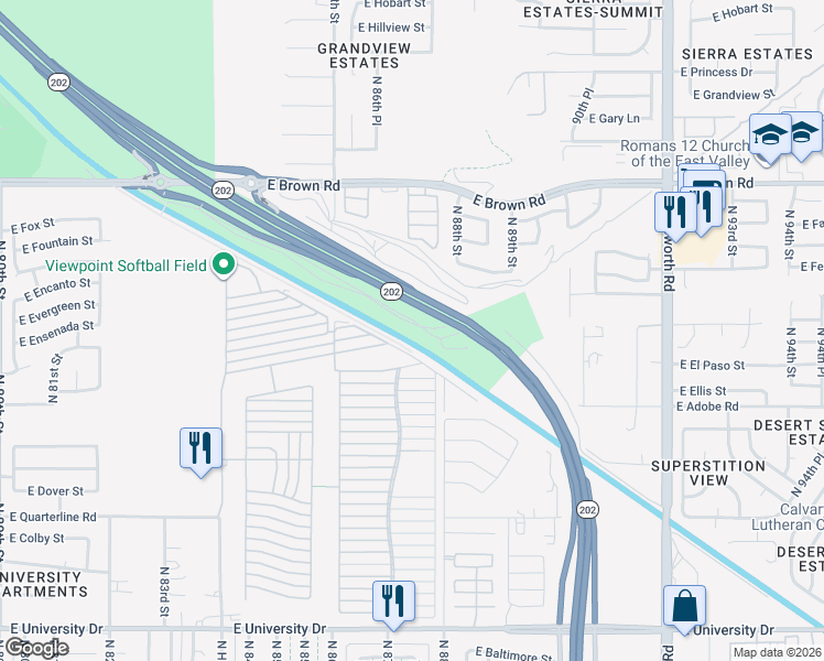 map of restaurants, bars, coffee shops, grocery stores, and more near in Mesa