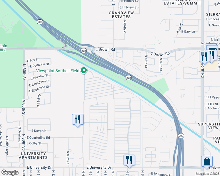 map of restaurants, bars, coffee shops, grocery stores, and more near East Viewpoint Trailer Resort in Mesa