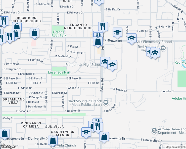 map of restaurants, bars, coffee shops, grocery stores, and more near 6735 East Ensenada Street in Mesa